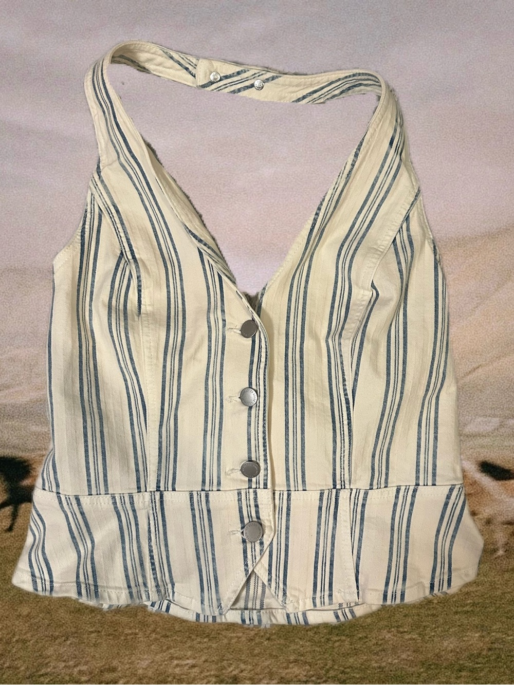 Universal Thread Cream and Navy Striped Halter Button-Front Top